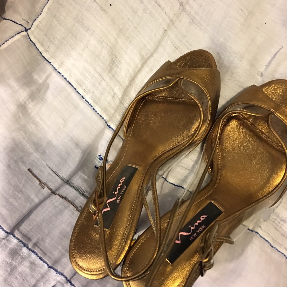 Nina Gold Open-Toe Slingback Heels